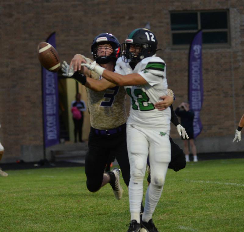 Dixon's Tyler Shaner (3) breaks up a pass to Rock Falls' Austen Castenada (12) at AC Bowers Field in Dixon on Friday, Sept. 9, 2023.