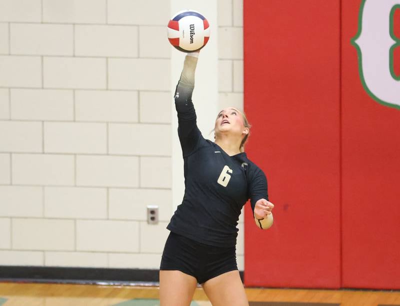 Sycamore's Lana Walker serves the ball during the Class 3A Sectional semifinal game on Tuesday, Nov. 4, 2025 in Sellett Gymnasium at L-P High School.