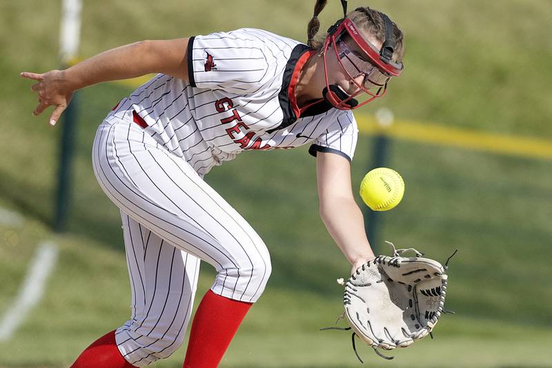 Fulton’s Wrenn Coffey works to play a grounder against Orangeville Tuesday, May 26, 2026, at the Eastland Class 1A softball sectional quarterfinal.
