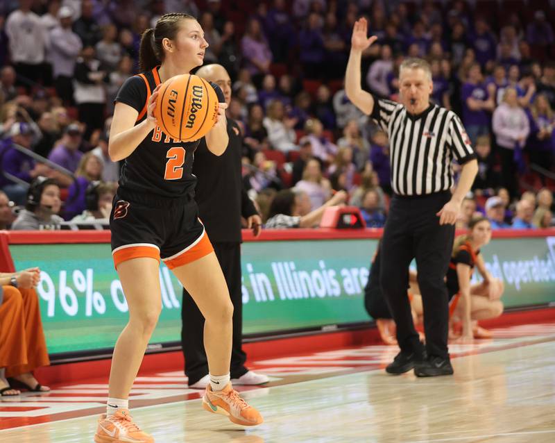 Byron's Larkin Knoll looks to pass the ball against Breese Central during the Class 2A title game on Saturday, March, 7, 2026 at CEFCU Arena in Normal.