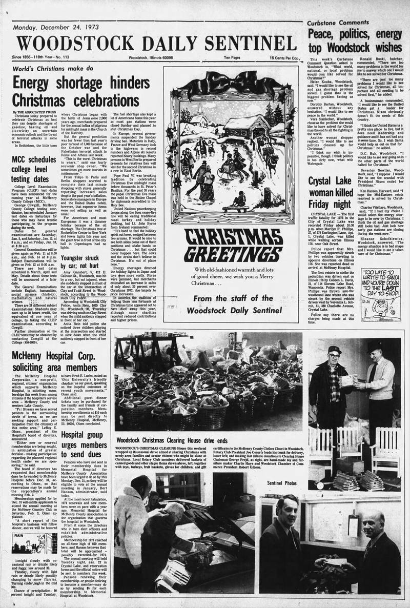 The front page of the Woodstock Daily Sentinel on Christmas Eve, 1973.