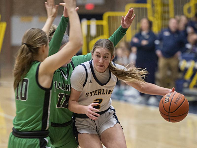 Sterling’s Olivia Melcher handles the ball against Alleman Thursday, Jan. 18, 2024 at Sterling High School.