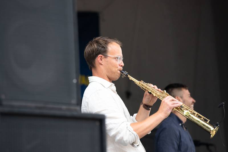 Joel Hagen of the band Jaerv performs with his flute at Swedish Days on Saturday, June 25, 2022.