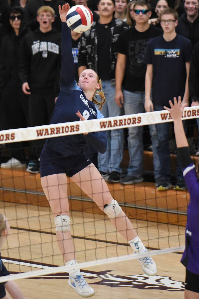 Cissna Park's Addison Lucht sends a hit over the net during the IHSA Class 1A Watseka Sectional championship against Lexington Thursday, Nov. 6, 2025.