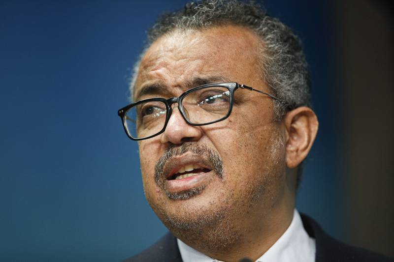 FILE - The head of the World Health Organization, Tedros Adhanom Ghebreyesus speaks during a media conference at an EU Africa summit in Brussels on Feb. 18, 2022.  The World Health Organization says monkeypox still does not warrant being declared a global emergency even though it's spreading in more than 70 countries. The decision announced on Saturday was the second time within weeks that WHO’s emergency committee declined to classify the unprecedented outbreak of the once-rare disease as an emergency. (Johanna Geron/Pool Photo via AP, File)