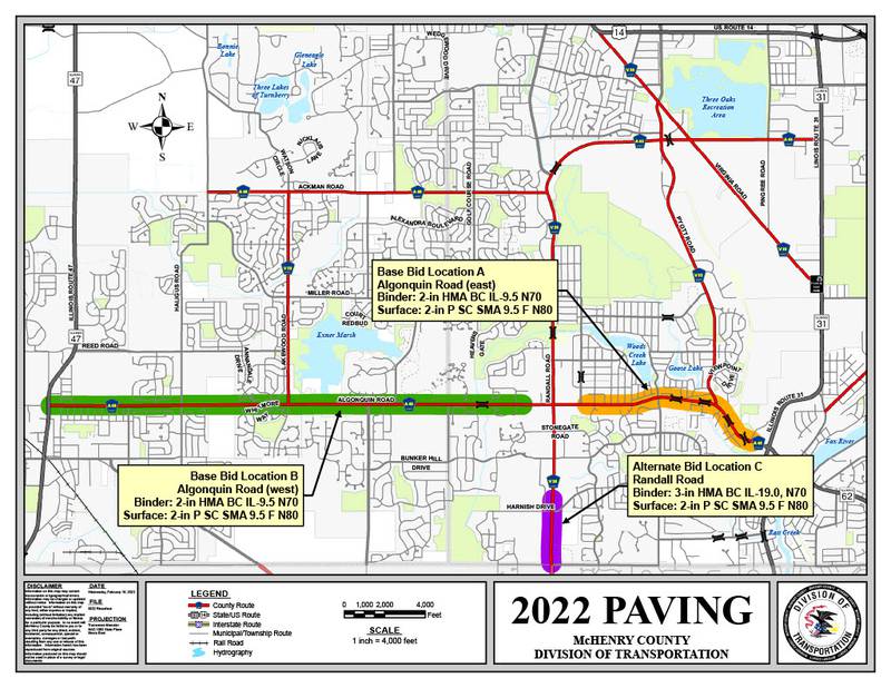 A map of the roads expected to see paving work as part of McHenry County's 2022 construction program.