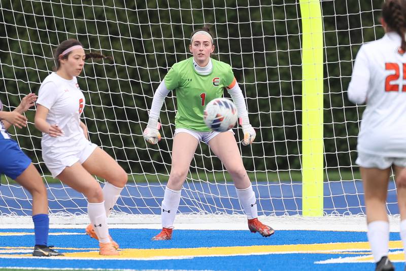 Plainfield East’s keeper Anna Jenkins keeps an eye on the play against Joliet Central on Thursday, April 11, 2024.