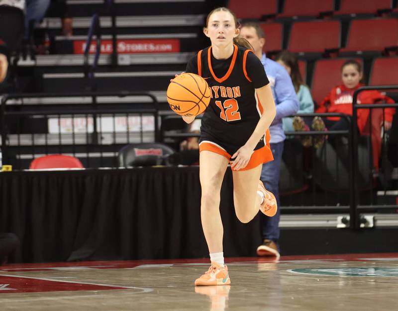 Byron's Gracyn Smith dribbles down the court during the Class 2A title game on Saturday, March 7, 2026 at CEFCU Arena in Normal.