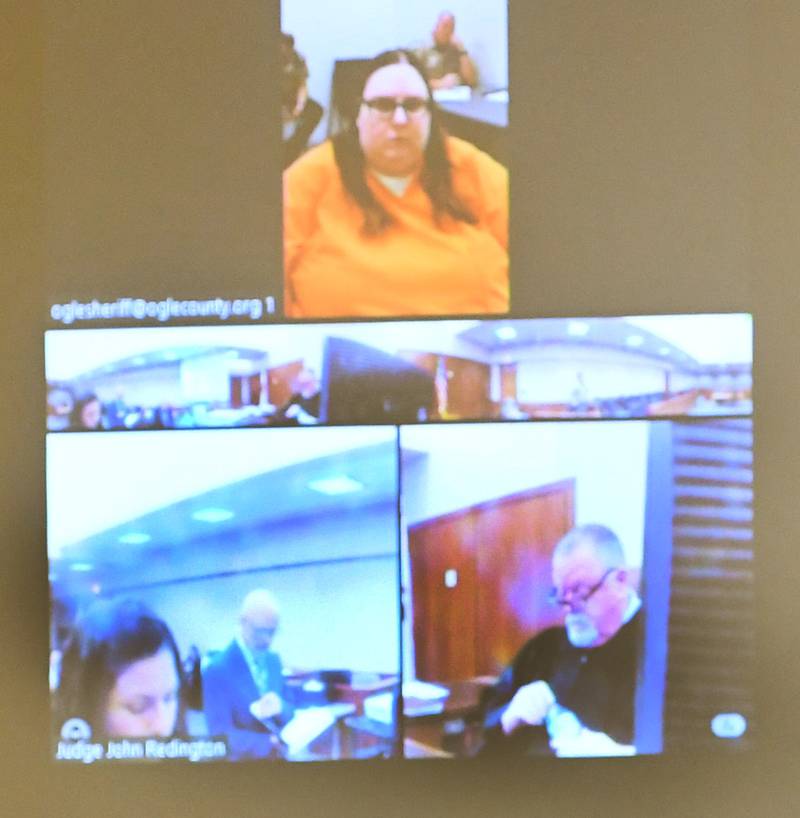 Sarah Safranek (top) appeared in court Wednesday afternoon via video from the Ogle County Correctional Center, She is charged with the murder of her 7-year-old son, Nathaniel.