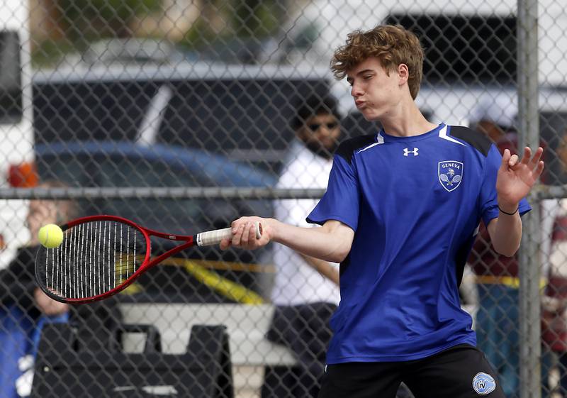 Geneva’s  Aaron Masoncup returns the ball as he and his doubles partner, Tyler Masoncup, compete in the Class 2A Boys State Tennis Tournament on Thursday, May 29, 2025, at Palatine High School.