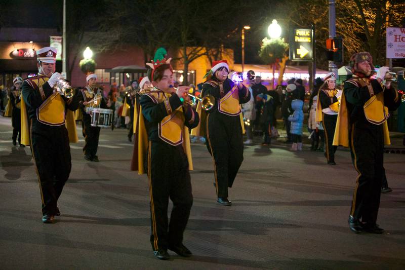 Westmont High Schools marching band participate in the Frosty & Friends Parade at the Holly Days Winter Festival on Saturday, Dec. 3,2022 in Westmont.