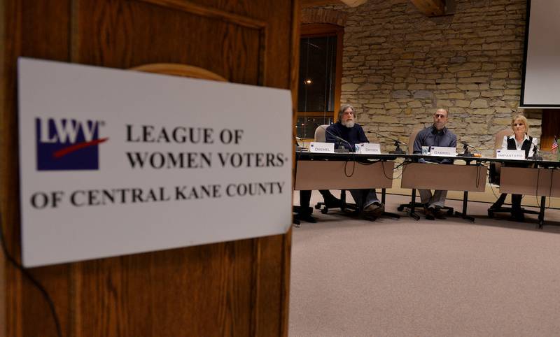 Batavia school board candidates John Dryden, William "Bill" Gabriel, and Melanie Impastato gather Thursday during a League of Women Voters candidates forum at the Batavia Government Center. They are vying for three open spots. Mary Beth Nolan for Shaw Media