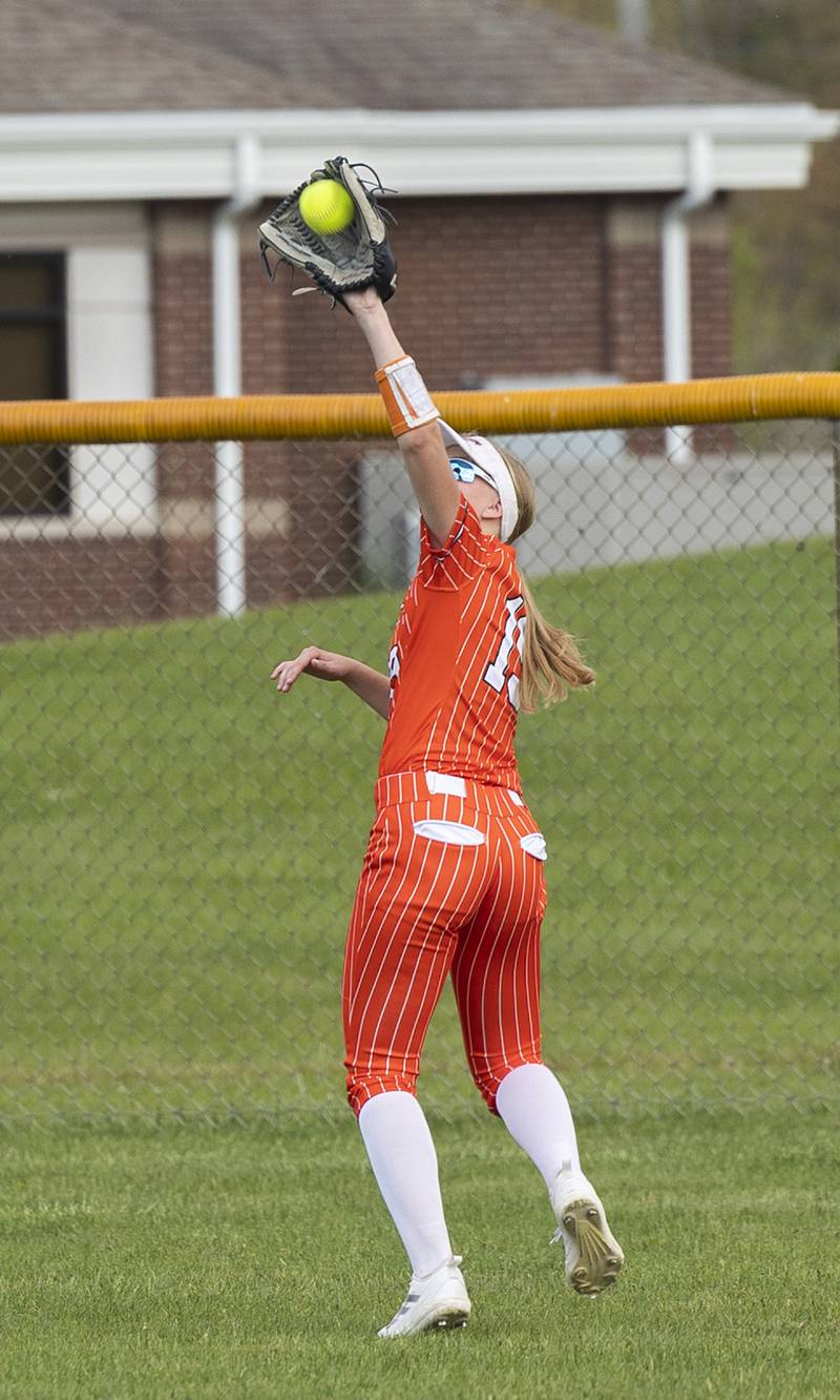 Milledgeville’s Kennedy Livengood tracks down a fly ball against Morrison Tuesday, May 13, 2025.