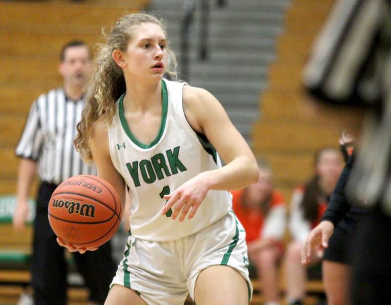 York’s Mariann Blass looks for an opening during a game against St. Charles East in the 11th Annual Thanksgiving Tournament at York Community High School in Elmhurst on Monday, Nov. 14, 2022.