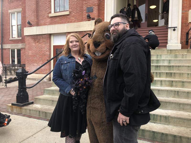 Kelly and Michael Sacco after their wedding on the steps of the Old Courthouse Feb. 2, 2024. Woodstock Willie officiated.