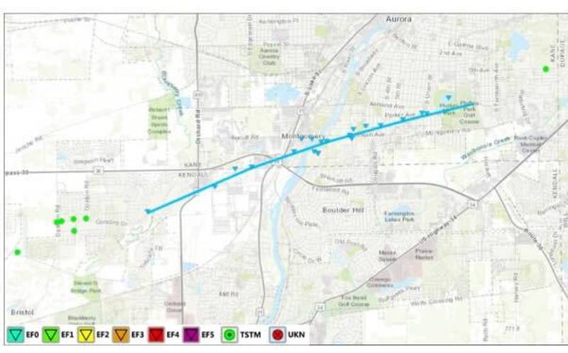 The blue line on the map above shows the path of the tornado that swept through Montgomery into Aurora Friday evening March 31, 2023. (Map provided by the National Weather Service)