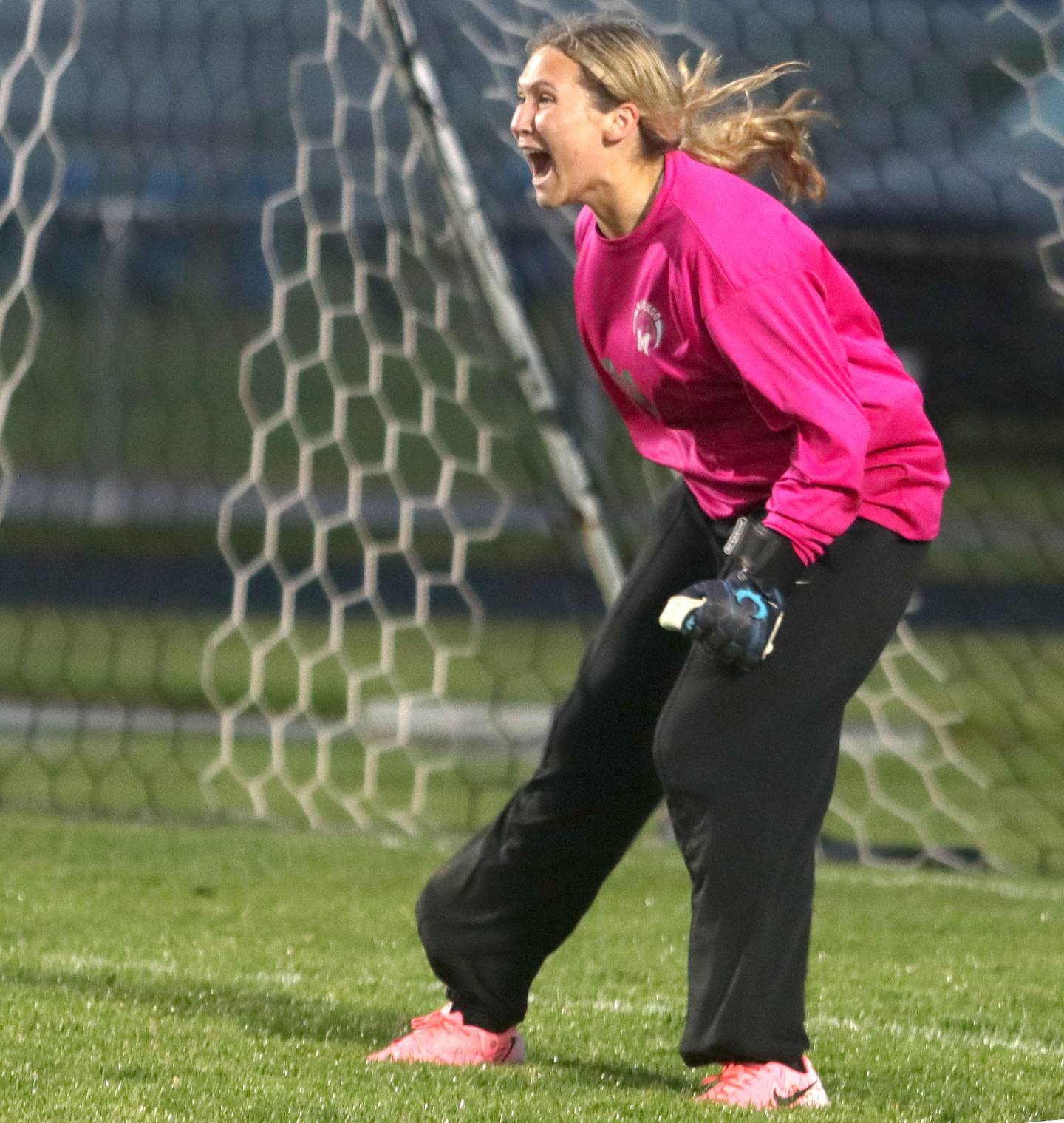Marengo’s goalkeeper Macy Noe celebrates a 3-2 OT win over Richmond-Burton in IHSA Class 1A Regional Title Game action soccer at Marengo High School in Marengo on Wednesday, May 21, 2025.