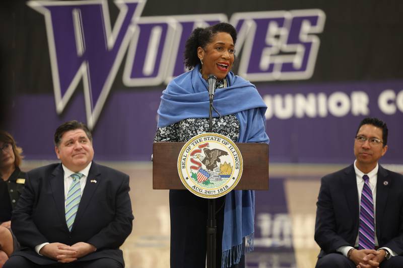 Lieutenant Governor Juliana Stratton speaks at a press conference regarding the state’s proposed investment in higher education at Joliet Junior College on Thursday, March 16th, 2023.