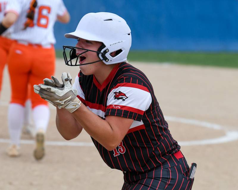 Yorkville's Ellie Fox (13) celebrates after getting a base hit during the sectional semifinal game on Tuesday June 3, 2025, while they travel to take on Oswego High School.