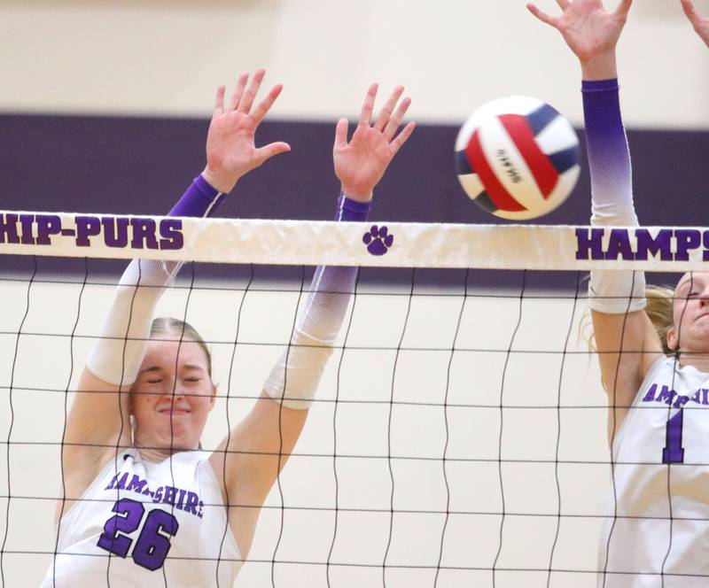 Hampshire’s Anna Schiltz blocks against Libertyville in an IHSA volleyball Class 4A Sectional Championship at Hampshire High School in Hampshire on Thursday, November 6, 2025.