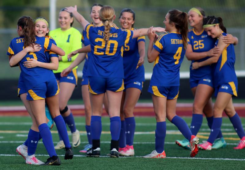 Johnsburg’s Skyhawks celebrate a 4-0 win over North Shore Country Day  in IHSA Class 1A Sectional Title Game girls soccer action at Richmond-Burton High School in Richmond on Tuesday, May 27, 2025.