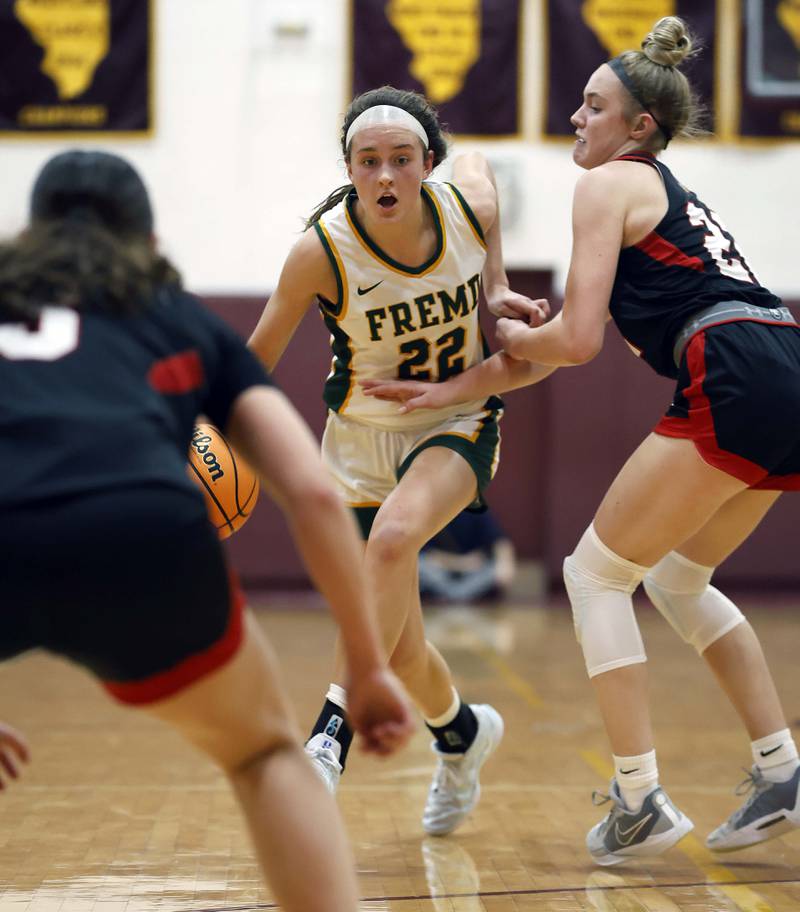 FremdÕs Ella Todd (22) moves down the lane past Benet Academy's Bridget Rifenburg (22) during the Montini girls basketball Christmas tournament Saturday, Dec. 28, 2024 in Lombard.