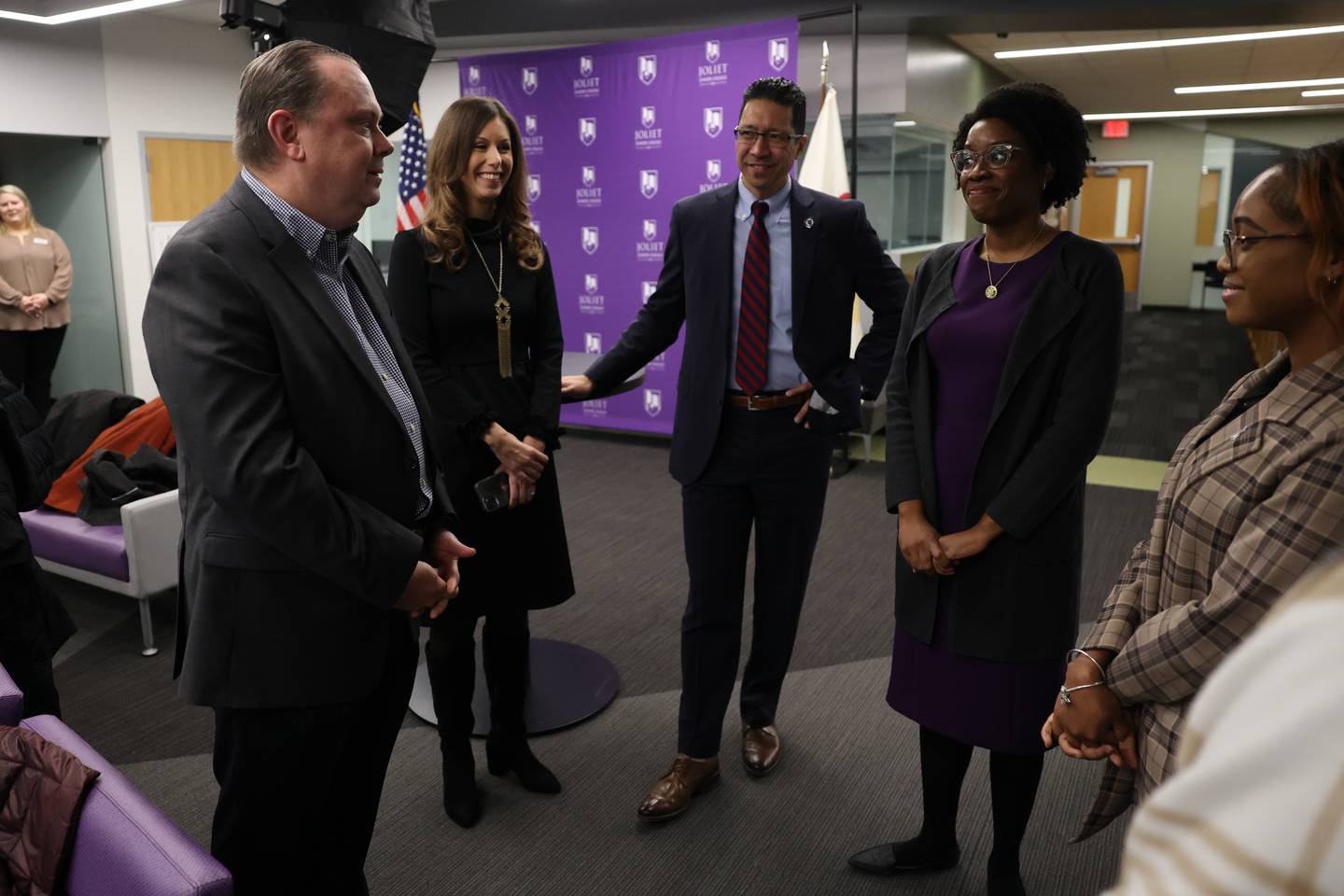 Brain Kincaid, JJC Business Advisor, (left) speaks with Congresswoman Lauren Underwood at the City Center Campus in Joliet.