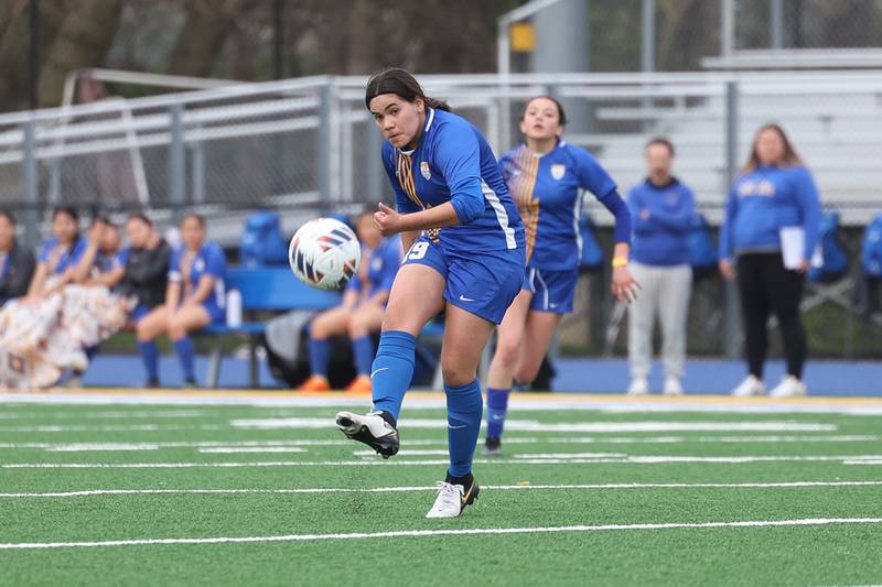 Joliet Central’s Juli Calderon makes a pass against Plainfield East on Thursday, April 11, 2024.