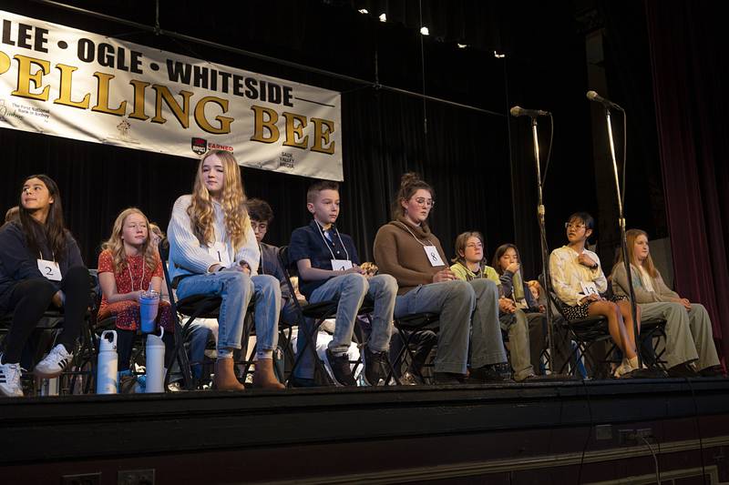 Janie Cagle (left), Alim Redzepi, Mikella Jepsen, Cindy Pelka and Emma Hatfield made it to the top five Thursday, Feb. 19, 2026, in the Lee-Ogle-Whiteside County Regional Spelling Bee.