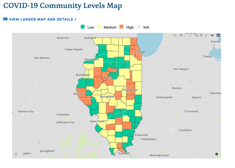 According to the CDC, 20 Illinois counties are now rated at High Community Level for COVID-19, an area that includes some of the counties around the Chicago metropolitan area, counties around Peoria and Champaign in central Illinois, and counties in Southern Illinois as of June 24, 2022