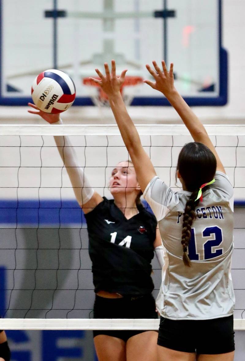 Hall's Taylor Coutts pushes one past Princeton's Chrissy  Sierens (12) Tuesday night at Prouty Gym.
