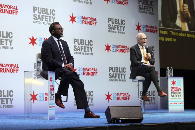 Chicago mayoral candidates Brandon Johnson, left, and Paul Vallas participate in a public safety forum in Chicago, Tuesday, March 14, 2023. In heavily Democratic Chicago, the race to be the city's next mayor is between a progressive union member, Johnson, and a more moderate former schools CEO, Vallas. The increasingly bitter April 4 contest is another example of broader tension among Democrats. (AP Photo/Teresa Crawford)