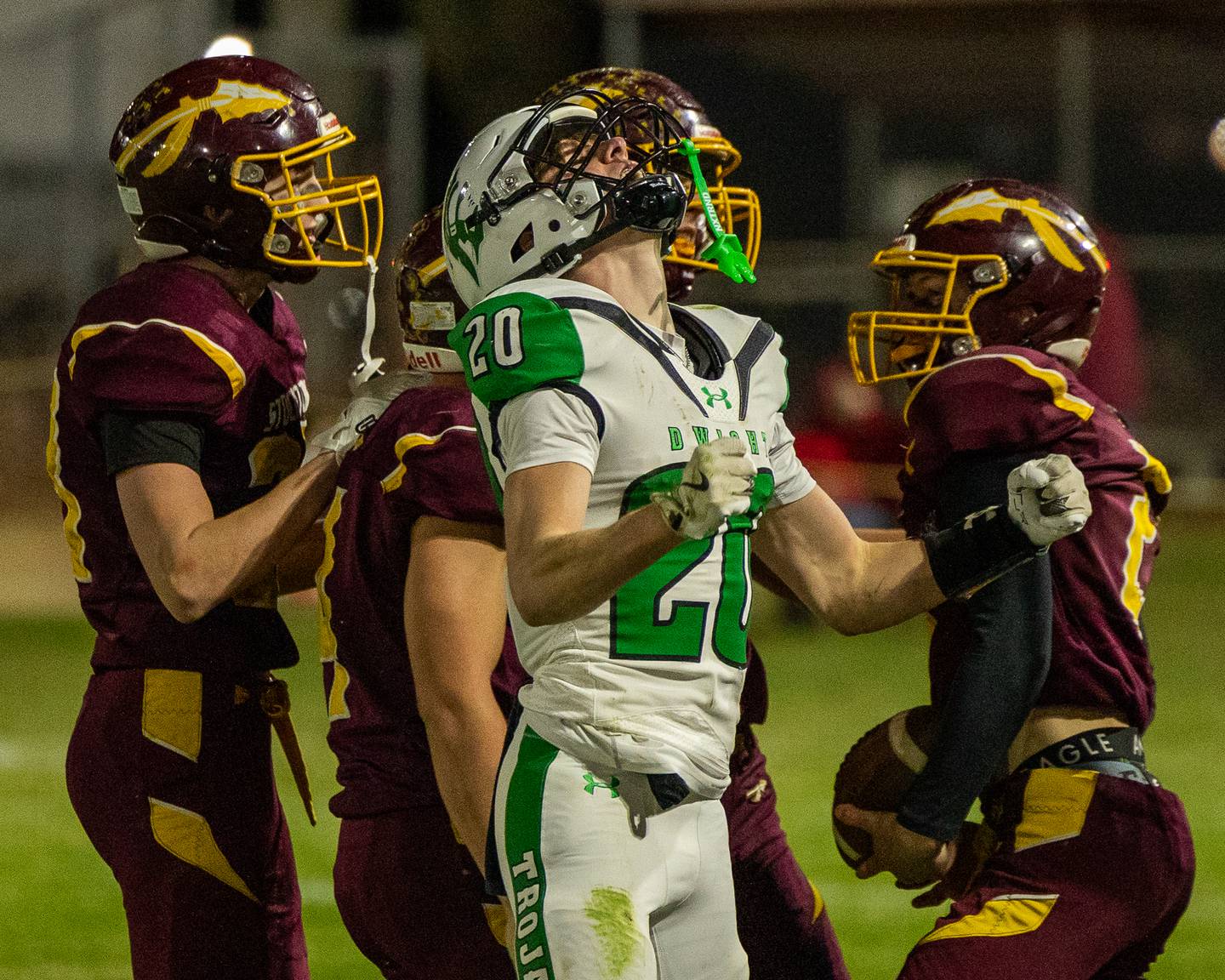 Tysen Walker (20) of Dwight screams in anger after Stockton converts interception on Saturday, November 15, 2025 at John O' Boyle Field in Stockton.