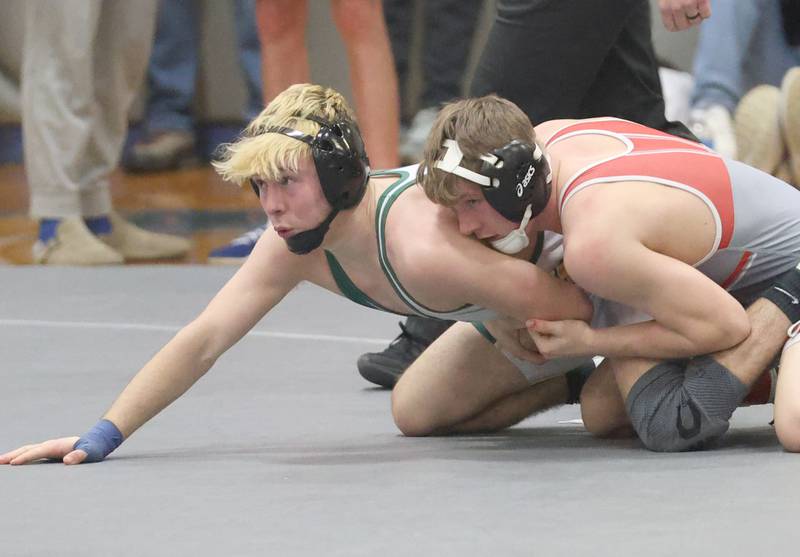 Coal City's Owen Petersen wrestles Vandalia's Preston Waughtel during the 62nd annual Lyle King Princeton Invitational boys tournament on Saturday, Jan. 10, 2026 at Princeton High School.