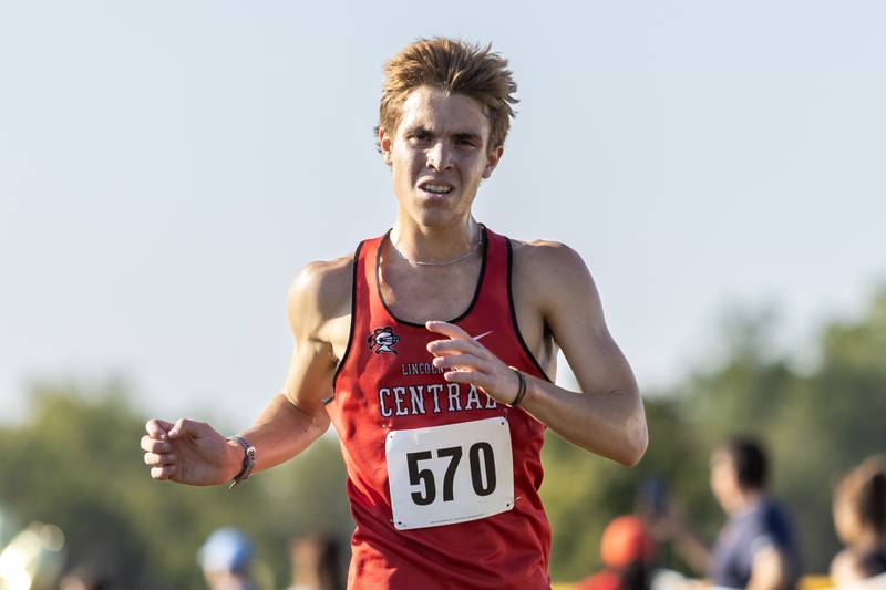 Lincoln-Way Central’s Bryce Counihan comes in second at the Locktoberfest three-mile varsity cross country race at Dellwood Park in Lockport on October. 4, 2025.
