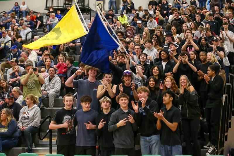 The Yorkville student section cheers on the team during their Class 2A Seneca Sectional final basketball game between Bishop McNamara at Yorkville Christian, March 6, 2026 in Senaca.