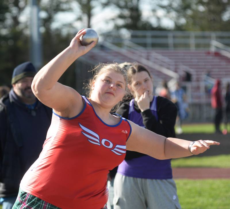 Oregon's Noelle Girton throws the shot during a quad meet at Oregon High School on Thursday, April 3, 2025.