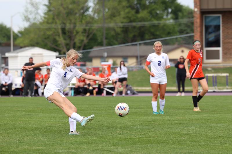 Peotone's Allie Werner shoots from outside the box to score the tying goal in the first half during Peotone's 2-1 victory over Beecher in the Class 1A Manteno Regional championship on Friday, May 22, 2026.