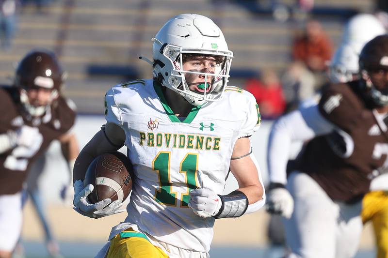 Providence’s Mitch Voltz rushes to the outside against Joliet Catholic in the Class 5A semifinal on Saturday, Nov. 18, 2023, in Joliet.