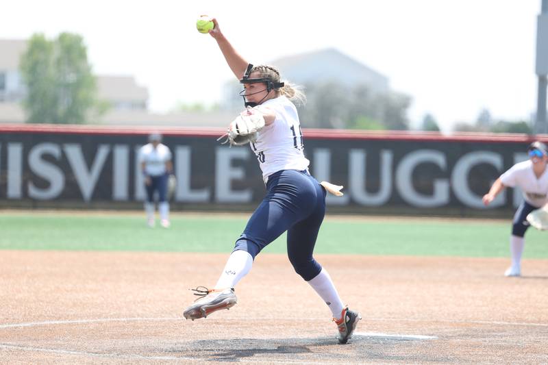 Lemont’s Sage Mardjetko delivers a pitch in the 11th inning against Antioch in the Class 3A state championship game on Saturday, June 10, 2023 in Peoria.