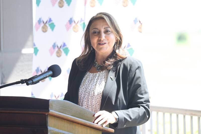 Bolingbrook Mayor Mary Aleander-Basta speaks at a press conference where it was announced the Bolingbrook Golf Club will host the 2024 LIV Golf Individual Championship on Tuesday, April 30, 2024.