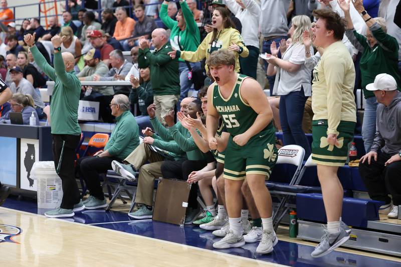 Bishop McNamara's Ian Irps (55) reacts to a dunk by teammate Richard Darr during the Fightin' Irish's 77-70 loss to Tolono Unity in the IHSA Class 2A Pontiac Supersectional on Monday, March 9, 2026.