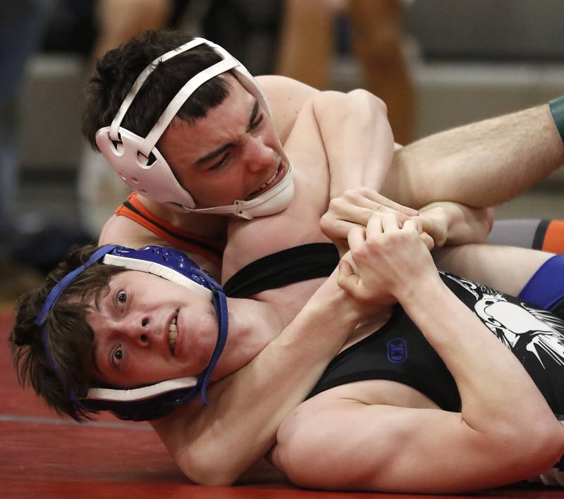 Crystal Lake Central’s Jackson Marlett pins Lakes’ Jayden Rudnicki in a 113-pound semifinal match of the IHSA 2A Antioch Wrestling Regional on Saturday, Feb. 8, 2025, at Antioch High School.