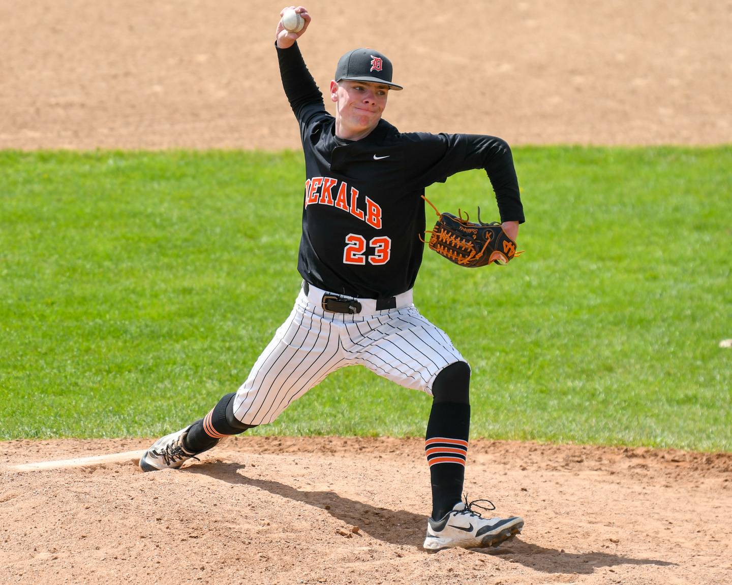 DeKalb's Lukas Stubblefield (23) pitches during the game on Saturday May 3, 2025, while traveling to take on Sycamore High School held at Sycamore Park District Sports Complex.