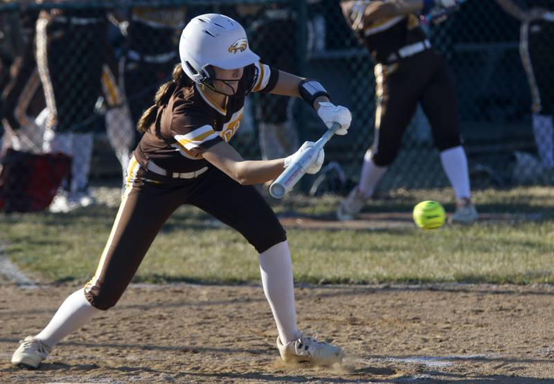 Jacobs' Avery St. Leger tries to lay down a bunt during a nonconference softball game against Marengo on Monday, March 9, 2026, at Marengo High School.