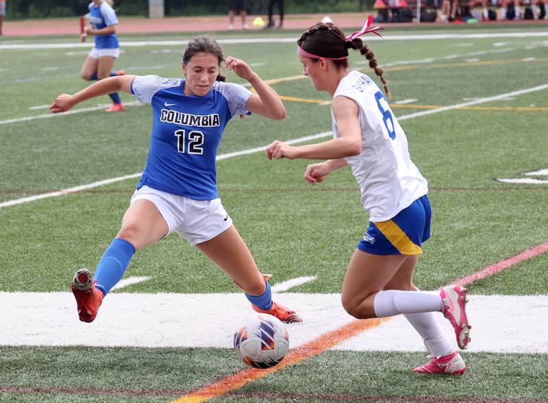 Johnsburg's Liz Smith goes by Columbia's Ava Schmidt Saturday, June 7, 2025, during the IHSA Class 1A state championship game at North Central College in Naperville.