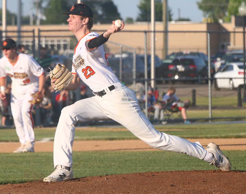 Pistol Shrimp ace pitcher and MLB Draft prospect Noah Schultz delivers a pitch in Schweickert Stadium at Veterans Park on Monday, June 27, 2022, in Peru.