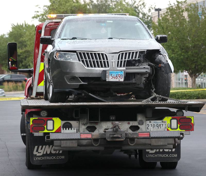 The front-end damage to a car that crashed into a Portillo’s Wednesday, July 30, 2025, after being removed from the entrance of the business at 2810 U.S. Route 34 in Oswego.