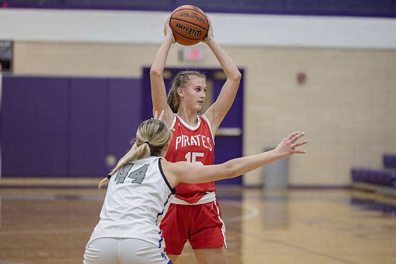 Ottawa’s Hailey Larsen looks to pass Wednesday, Nov. 30, 2022 against Dixon.