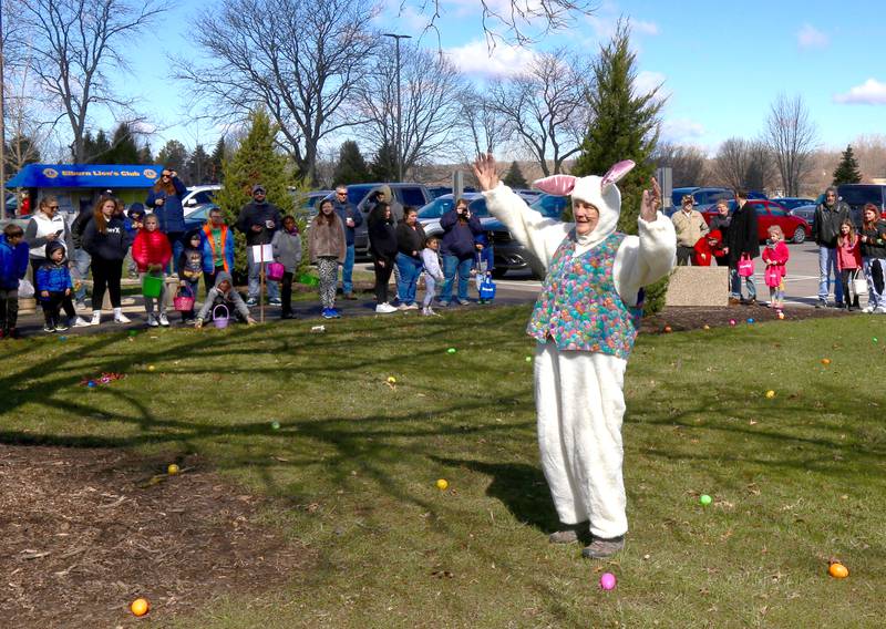 The Easter Bunny starts the Easter Egg Hunt for the 8-10 year olds at the Lion’s Club in Elburn on Saturday, April 9, 2022.